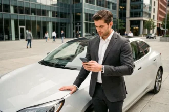 Homme consultant l'actualité automobile sur smartphone près d'une voiture électrique moderne en milieu urbain