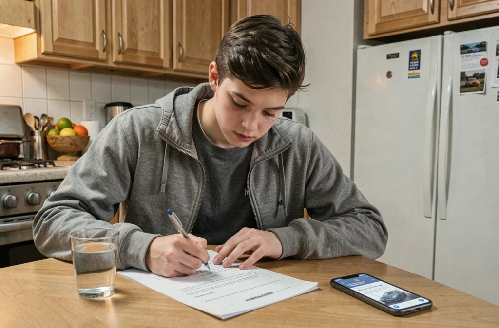 Adolescent révisant ses questions de vérification du permis de conduire sur papier imprimé dans une cuisine