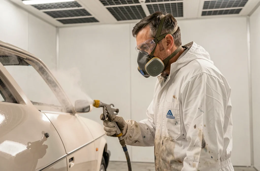 Carrossier en combinaison de protection appliquant la peinture au pistolet sur la portière d'une Renault 12 Sedan en cabine de peinture