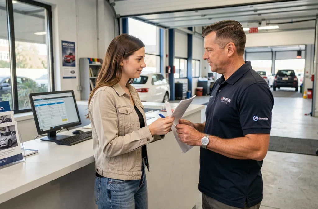 Cliente discutant du prix de remplacement de courroie de distribution avec un conseiller de garage