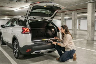 Femme mesurant le volume du coffre d'une Peugeot 3008 dans un parking souterrain avec un mètre ruban
