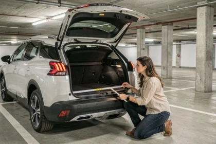 Femme mesurant le volume du coffre d'une Peugeot 3008 dans un parking souterrain avec un mètre ruban