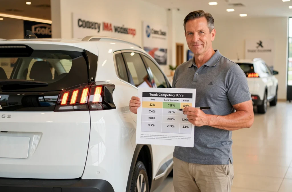 Homme comparant le volume du coffre de la Peugeot 3008 avec d'autres SUV dans une concession automobile