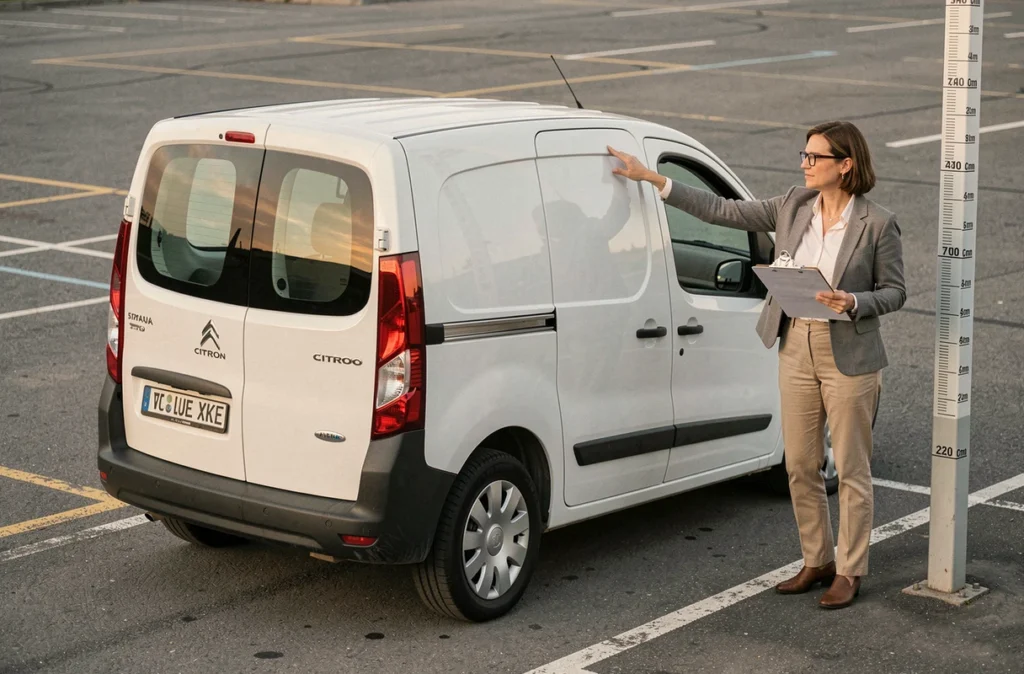 Femme consultant une fiche technique de cotes constructeur L2H2 à côté d'un fourgon aménagé en parking extérieur