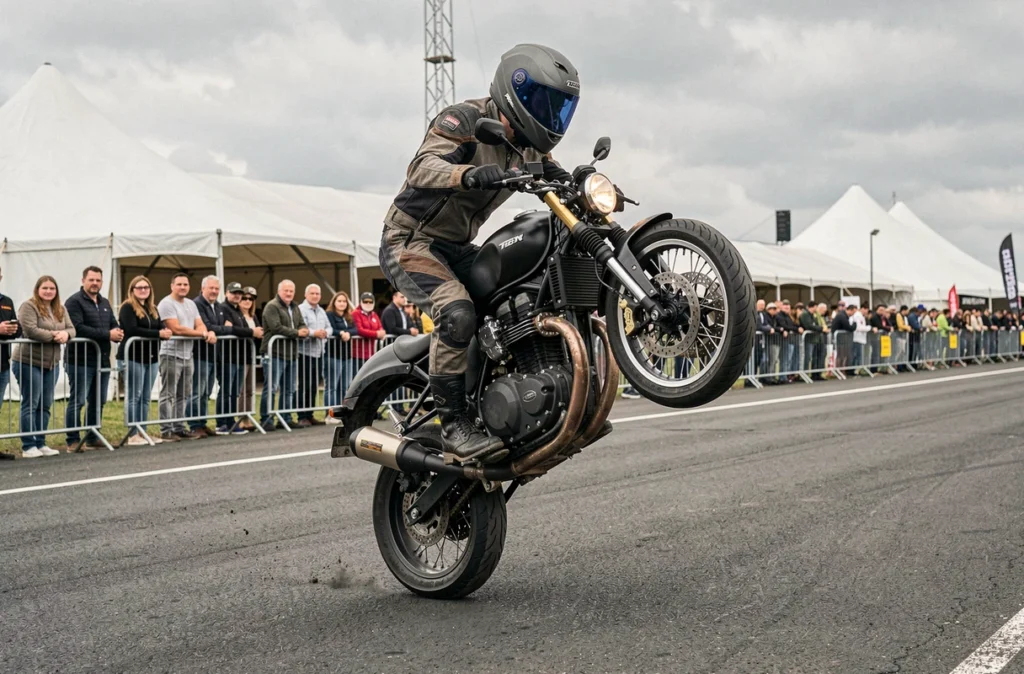 Pilote effectuant un wheelie lors d'une démonstration en direct au Salon du 2 Roues de Lyon 2026