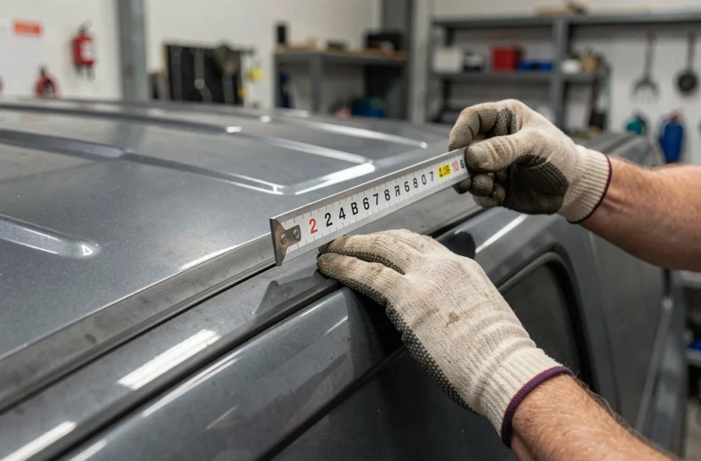 Détail de mesure de la hauteur extérieure d'un fourgon L2H2 avec une règle métallique contre la carrosserie