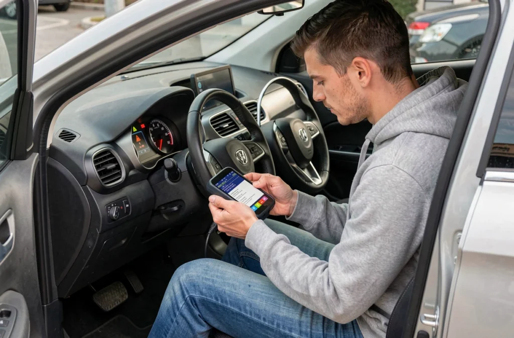 Propriétaire de voiture utilisant un scanner OBD2 pour diagnostiquer une perte de puissance liée à la vanne EGR