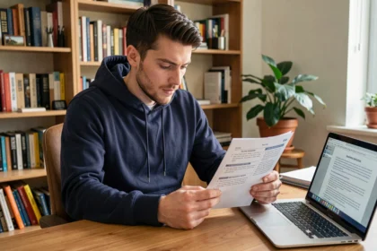 Jeune homme étudiant des questions de vérification du permis de conduire en PDF à son bureau
