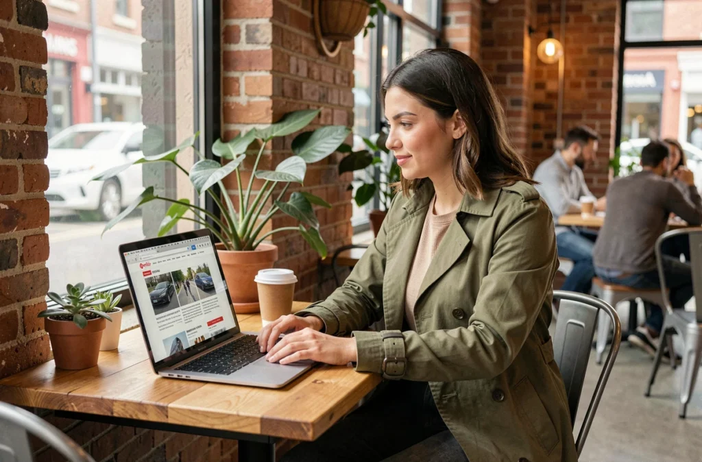 Femme lisant un site d'actualité automobile et mobilité sur ordinateur portable dans un café moderne