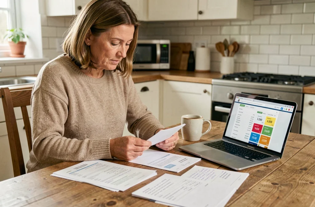 Femme à la maison qui analyse ses reçus de carburant et compare les prix en ligne pour réduire ses dépenses