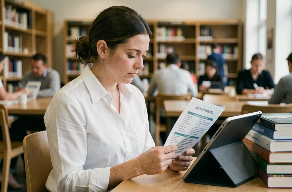 Femme consultant un document PDF de questions de permis de conduire dans une bibliothèque publique