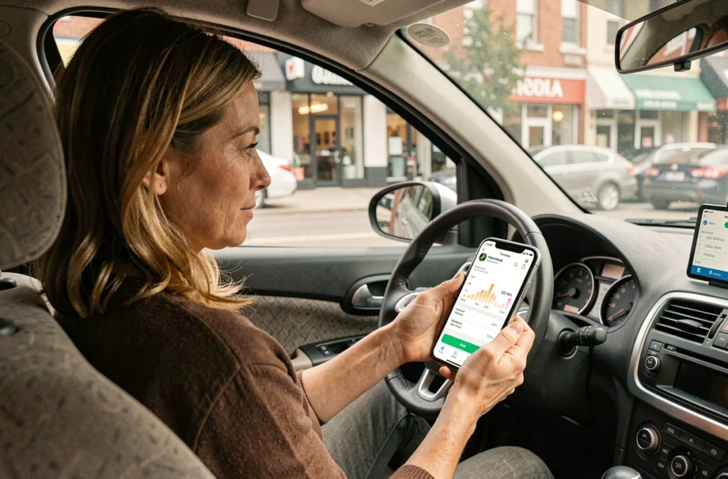 Femme au volant consultant une application de suivi de consommation de carburant sur son smartphone