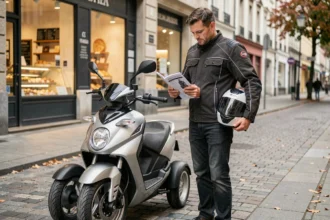 Homme avec casque et veste moto étudiant un livret de formation à côté d'un scooter 3 roues en ville