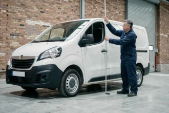 Technicien mesurant la hauteur réelle d'un utilitaire L2H2 avec un mètre ruban dans un entrepôt industriel