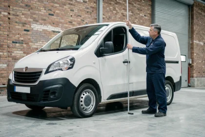Technicien mesurant la hauteur réelle d'un utilitaire L2H2 avec un mètre ruban dans un entrepôt industriel