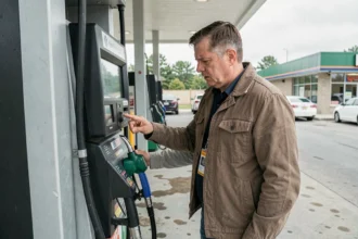 Homme adulte lisant attentivement le prix du carburant à une pompe de station-service moderne
