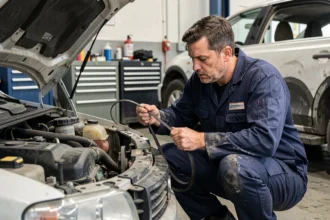 Mécanicien tenant une courroie de distribution usagée dans un atelier automobile professionnel