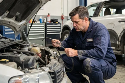 Mécanicien tenant une courroie de distribution usagée dans un atelier automobile professionnel