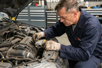 Mécanicien professionnel retirant une vanne EGR d'un moteur 1.6 HDi dans un atelier automobile