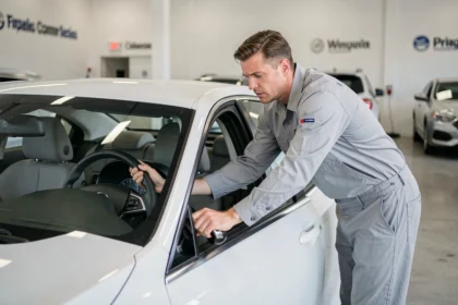 Mécanicien inspectant le volant désaxé d'une voiture neuve dans un atelier de concession automobile
