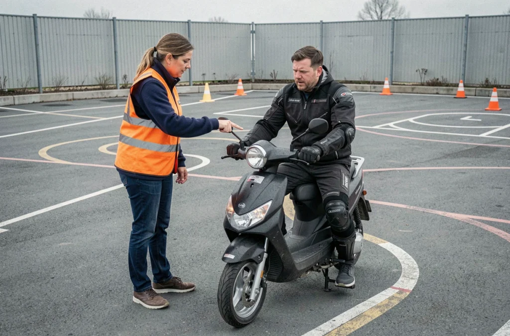 Monitrice de stage pointant les commandes d'un scooter trois roues à un stagiaire dans un centre de formation moto