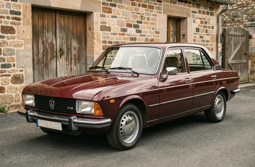 Renault 12 Sedan restaurée avec peinture d'origine bordeaux parfaitement polie garée devant un garage en pierre de style français