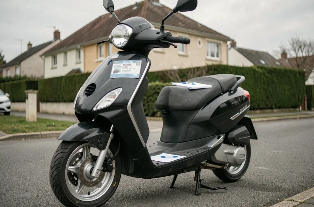 Scooter 3 roues avec carte de permis de conduire posée sur la selle, symbole de démarche administrative de formation