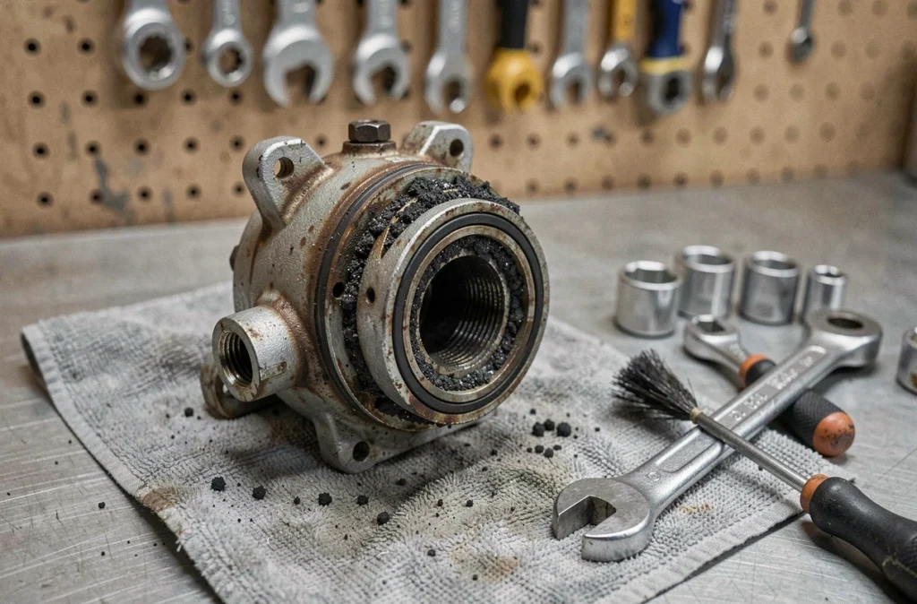 Vanne EGR encrassée avec dépôts de carbone retirée d'un moteur diesel 1.6 HDi posée sur un établi