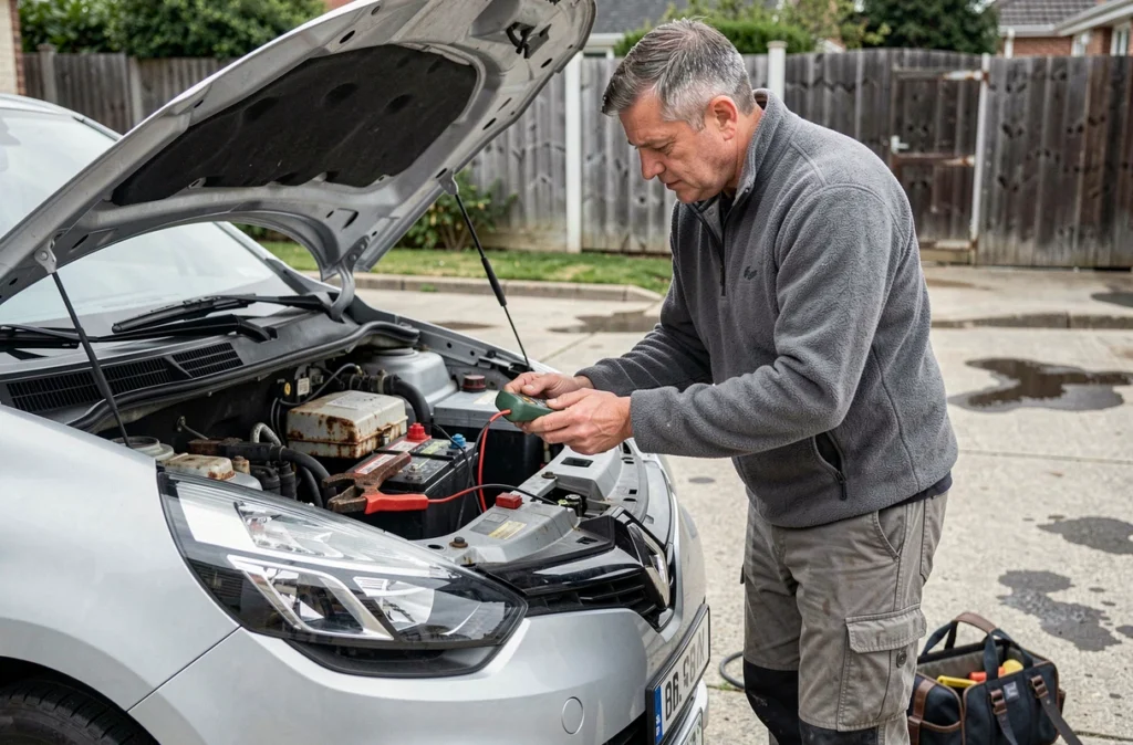 Homme vérifiant la batterie 12V d'une Renault Clio 4 avec un multimètre pour résoudre un dysfonctionnement du système Stop and Start