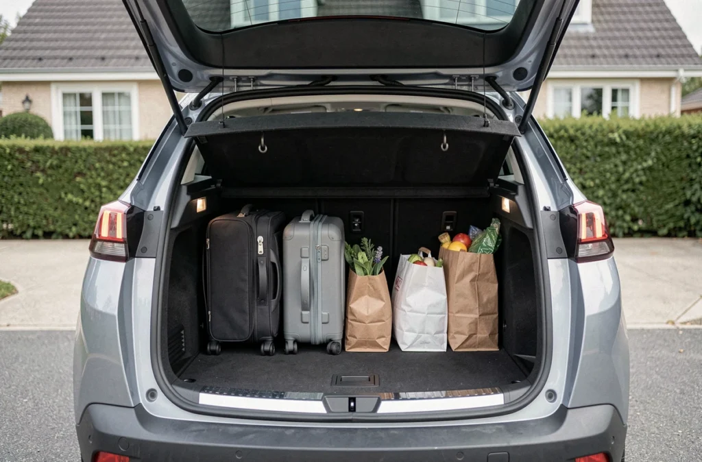 Coffre ouvert de la Peugeot 3008 chargé de valises et de sacs pour illustrer la capacité de chargement réelle