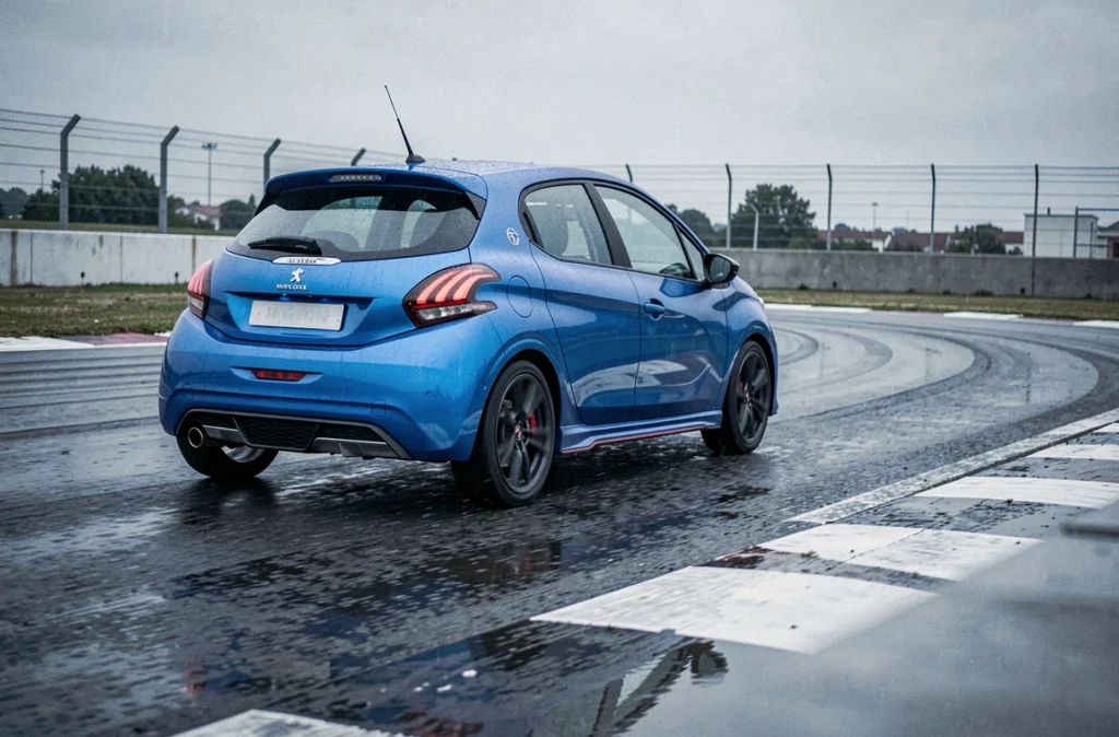 Peugeot 208 GTI bleu métallisé en pleine accélération dans un virage sur circuit urbain mouillé, vue grand angle au ras du sol avec légère impression de vitesse sur les pneus arrière
