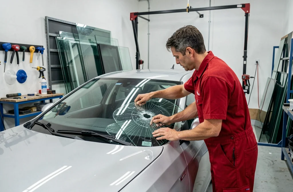 Technicien remplaçant un pare-brise sur un véhicule chez A+Glass à Pau