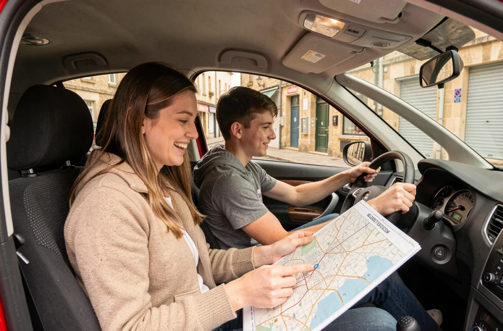 Monitrice de l'auto-école L'As de Caro révisant un itinéraire avec un jeune élève à bord d'un véhicule de formation
