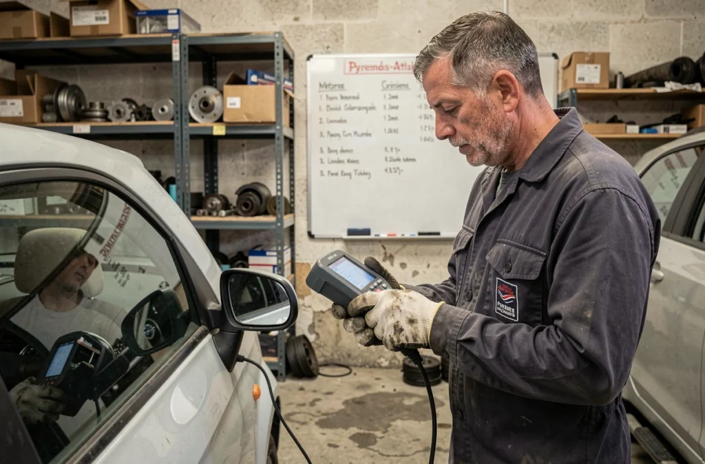 Mécanicien généraliste effectuant un diagnostic électronique à l'Atelier Auto dans les Pyrénées-Atlantiques