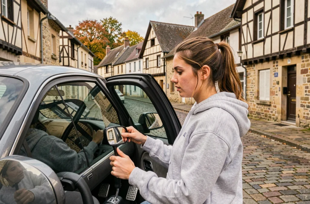Jeune femme apprenant le créneau dans les rues de Verneuil-sur-Avre avec l'auto-école A2B