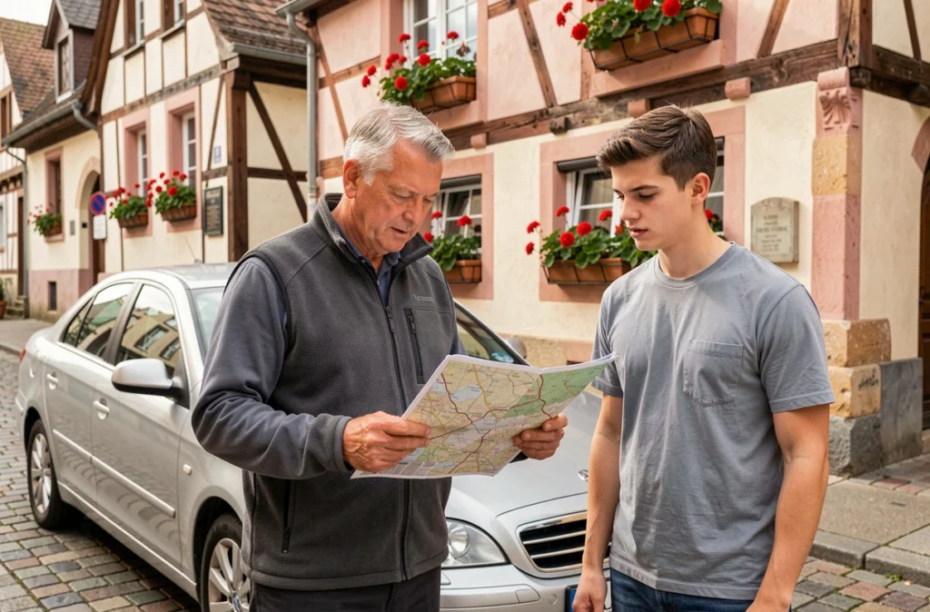 Un moniteur de l'Auto-Ecole Bertrand et un élève consultent une carte routière devant les façades typiques de Phalsbourg