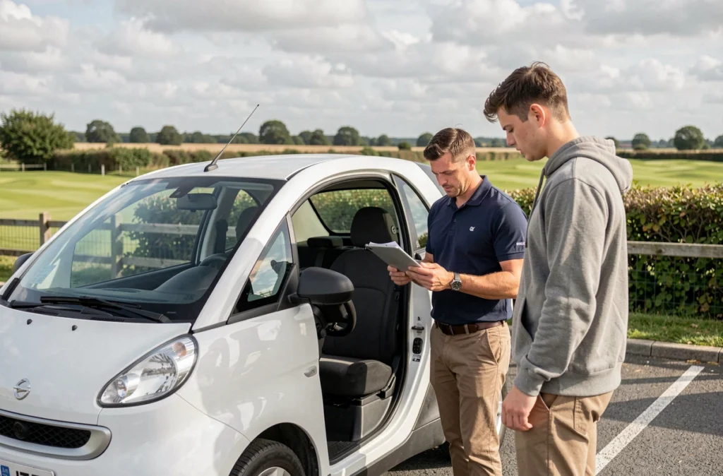 Instructeur et élève de l'Auto École du Golf à Basse-Ham révisant un plan de leçon près d'un paysage de golf
