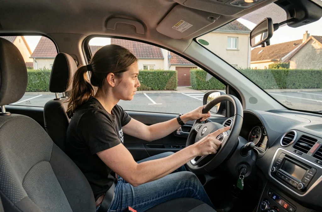 Une monitrice de l'Auto-Ecole Kissel accompagne un élève avec un suivi personnalisé dans un espace de stationnement calme