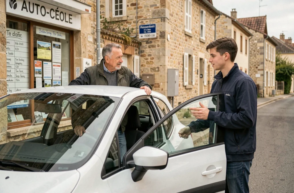 L'instructeur de l'Auto-Ecole Weber discute avec un élève devant la devanture de l'auto-école locale