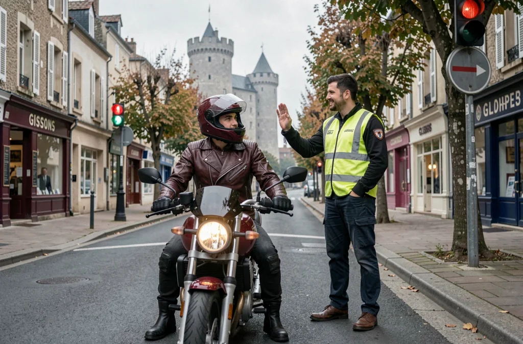 Élève motard de l'Auto Moto Ecole JEM à Gisors en arrêt à un feu avec son moniteur moto en gilet haute visibilité