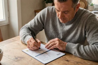 Un homme barre une carte grise avec un stylo sur une table en bois lors d'une cession de véhicule