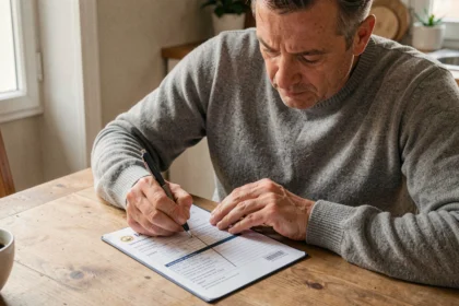 Un homme barre une carte grise avec un stylo sur une table en bois lors d'une cession de véhicule