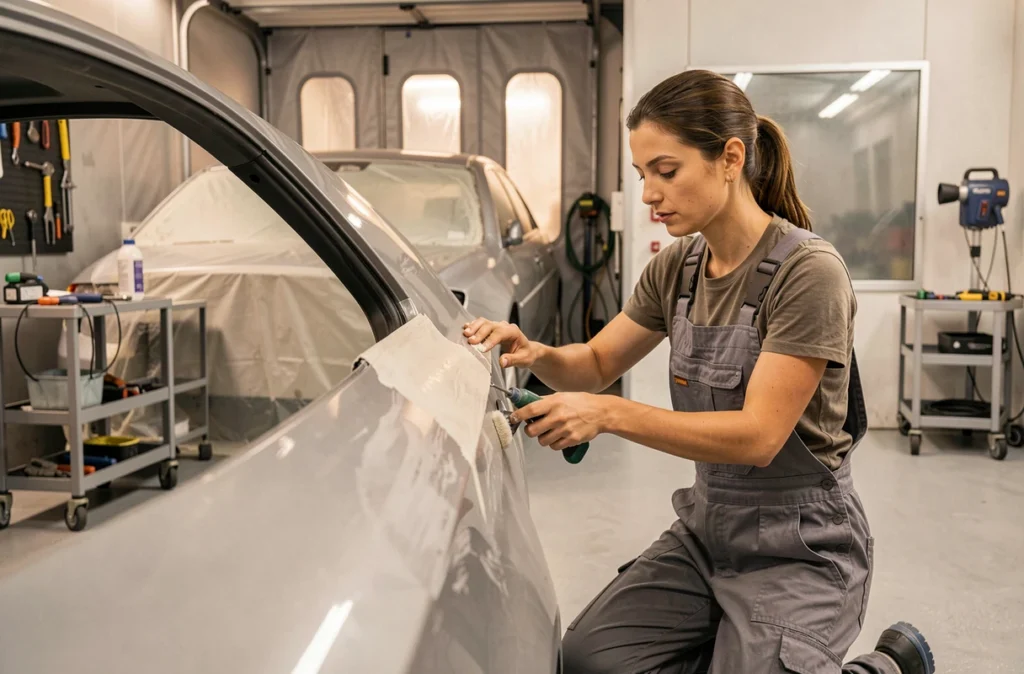Technicienne en carrosserie travaillant sur la réparation d'un véhicule à la Carrosserie Dufour à Billère