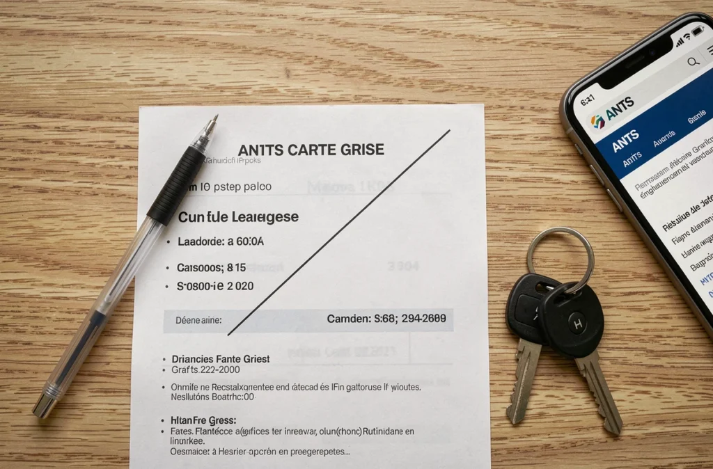 Carte grise barrée posée sur un bureau avec un stylo et des clés de voiture pour une cession de véhicule