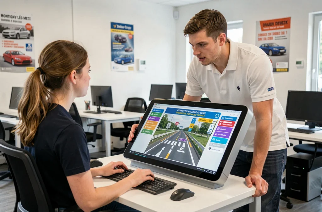 Une élève utilise un simulateur numérique interactif chez Class Drive, auto-école moderne à Montigny-lès-Metz