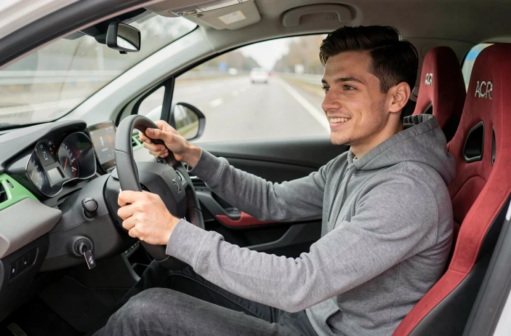 Conducteur d'une trentaine d'années au volant d'une Peugeot 208 GTI, intérieur sportif avec sièges baquet en Alcantara rouge et tableau de bord numérique