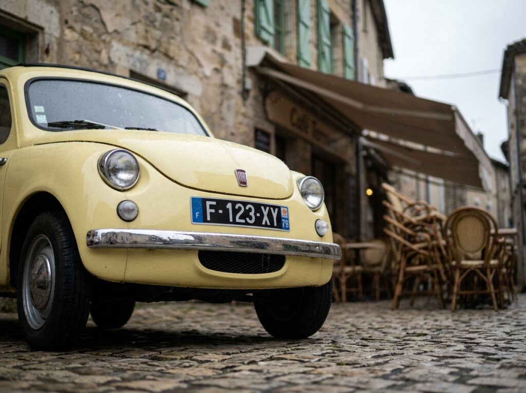 Détail de l'avant d'une Fiat Topolino jaune garée sur des pavés dans une rue de ville française