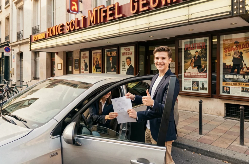 Jeune élève de l'École de Conduite du Ciné souriant devant une façade de cinéma après une leçon de conduite réussie