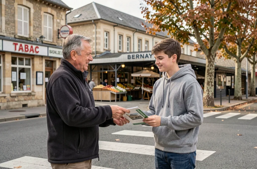 Moniteur de l'École de Conduite La Gare à Bernay remettant un livret de formation à un jeune élève près de la gare