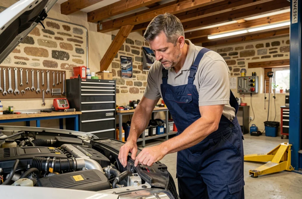 Mécanicien inspectant le moteur d'une voiture au garage multimarque Errobi à Itxassou